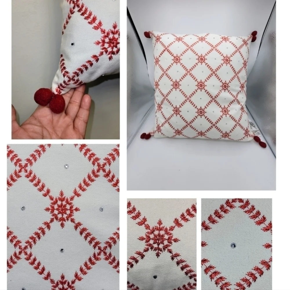Enchanté Accessories White Red Embroidered Snowflakes Rhinestones Pompom Pillow